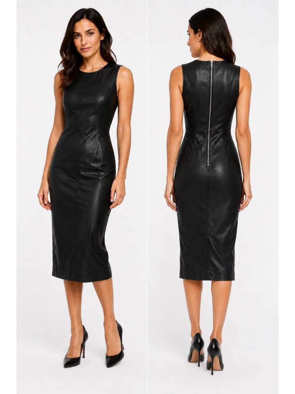 White House Black Market Sheath Dress 6 Black Midi Coated Denim Glam Cocktail